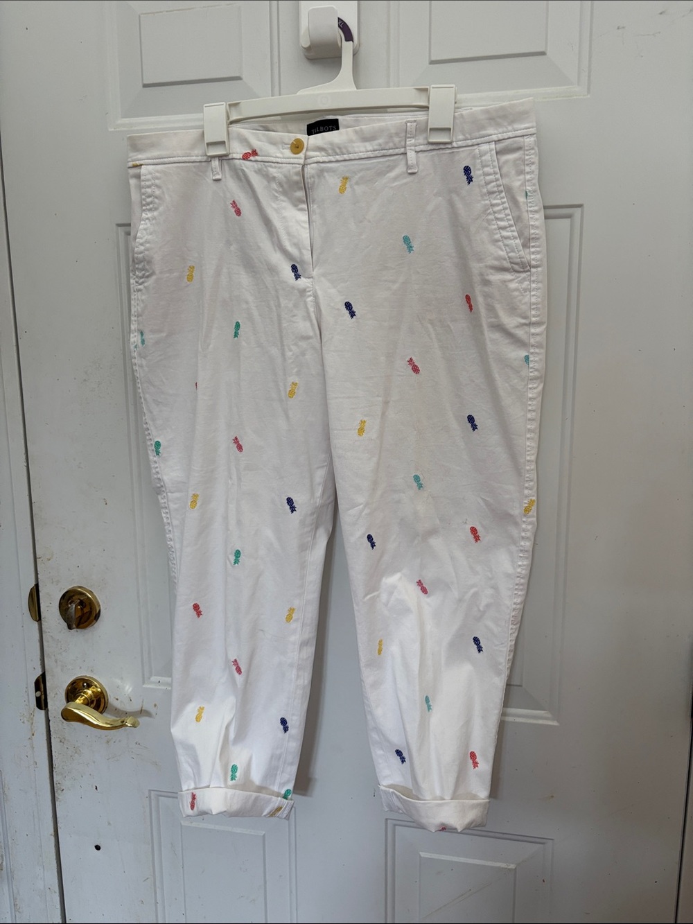Talbots White Pants with Yellow Button and Blue Trim Pineapples 16p